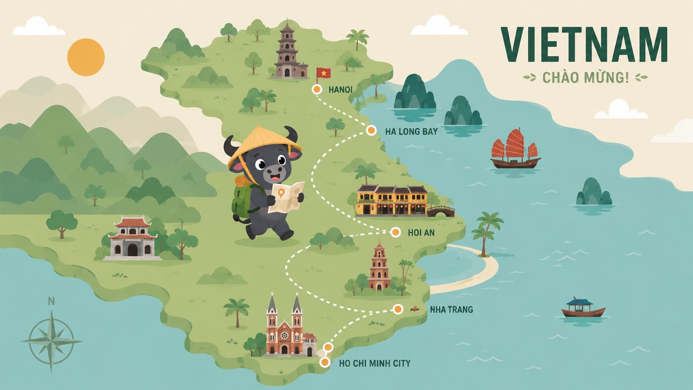 Bản đồ Việt Nam với Trâu con đội nón lá và các điểm đến Hà Nội, Vịnh Hạ Long, Hội An, Nha Trang, TP. Hồ Chí Minh