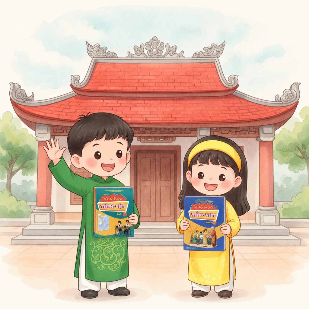 Trẻ em Việt Nam trong tà áo dài cùng đọc sách Tiếng Việt